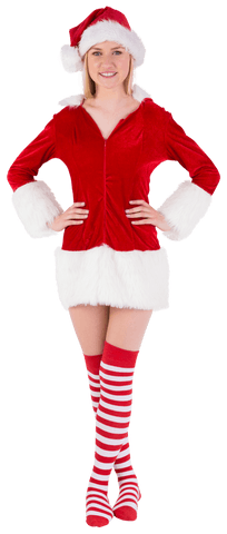 Transparent Smiling Blonde in Festive Santa Outfit and Striped Stockings