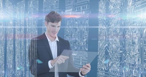 Focused Businessman Using Transparent Tablet in Futuristic Setting - Download Free Stock Images Pikwizard.com