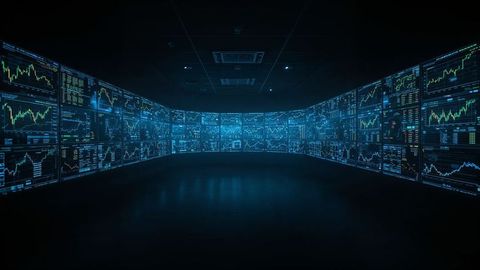 Futuristic Control Room with LED Display Panels Showing Financial Data