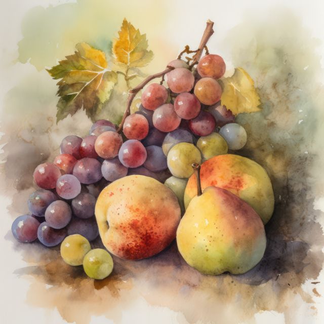 Colorful watercolor painting featuring an assortment of fresh fruits such as grapes, pears, and an apple. Suitable for use in artistic-themed projects, background images, culinary websites, kitchen decor, or educational content related to fruit identification and healthy eating.