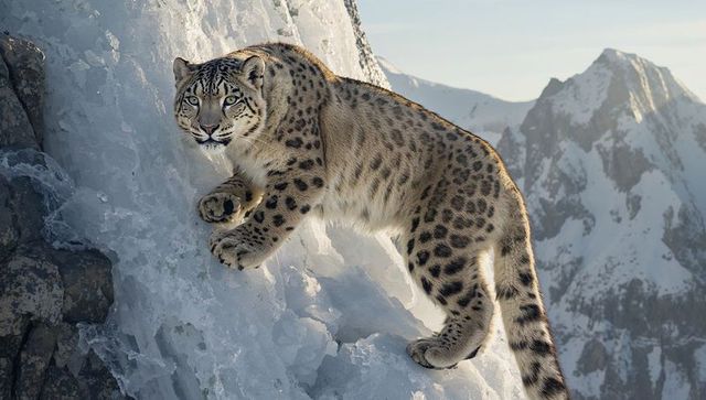 Snow leopard climbing icy alpine cliff pressing paw on crystalline glacial ice