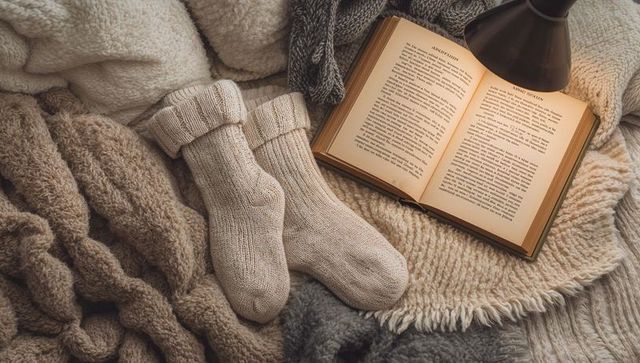 Cozy reading nook with knitted socks resting on layered blankets and open book under lamp