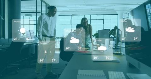 Collaborating team in modern office using transparent weather ui overlay for planning