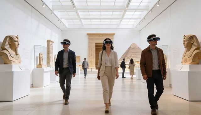 Adults wearing ar headsets exploring egyptian antiquities in bright modern museum gallery