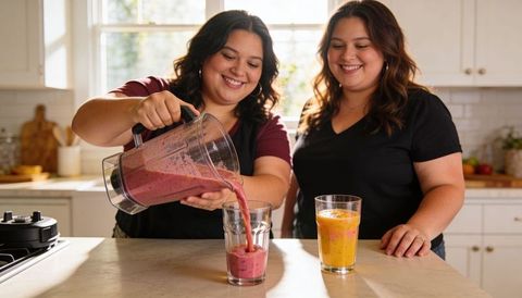 Pouring berry smoothie while friend smiling in sunlit home kitchen