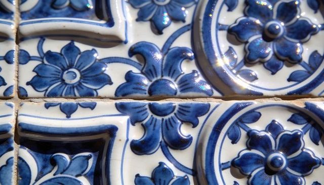 Displaying glazed cobalt blue raised floral ceramic tiles with glossy relief and grout lines
