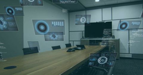 Futuristic boardroom with digital interface elements and holographic screens