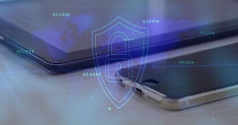 Smartphones projecting holographic shield padlock and world map for mobile cybersecurity