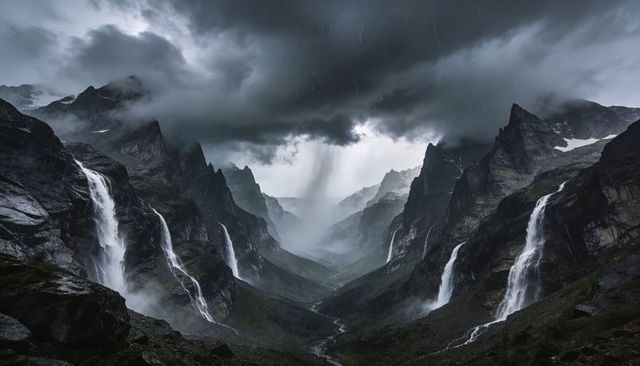 Storm-wracked alpine gorge showing towering waterfalls, mist-filled valley and thunderclouds