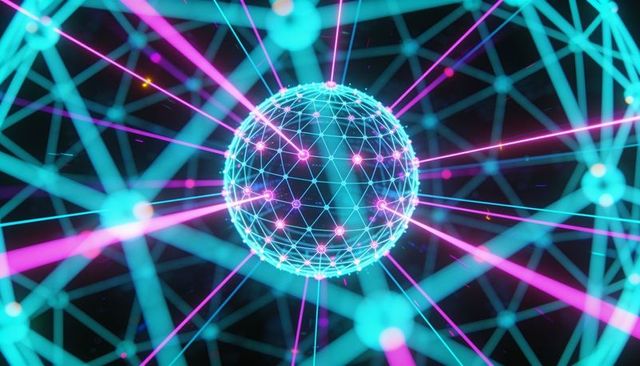Pulsing neon wireframe sphere emitting magenta beams in futuristic digital network