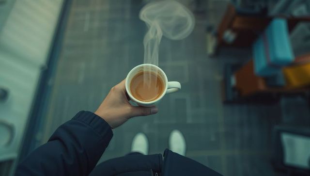 Relaxing with Steaming Coffee on Chic Urban Balcony