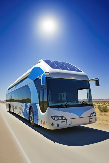 Modern solar-powered bus driving on a desert highway with a clear blue sky and bright sun shining above. Ideal for illustrating themes of renewable energy, sustainable transportation, and eco-friendly travel options. Perfect for articles or advertisements promoting green technology, future travel concepts, or road trip experiences in sunny climates.