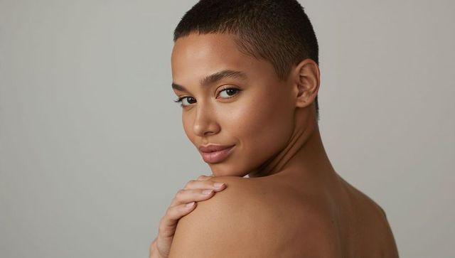 Confident woman with buzzcut looking over shoulder showing bare shoulders and glowing skin