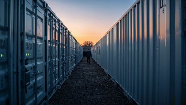 Solo man walking between shipping containers at sunset, industrial corridor silhouette