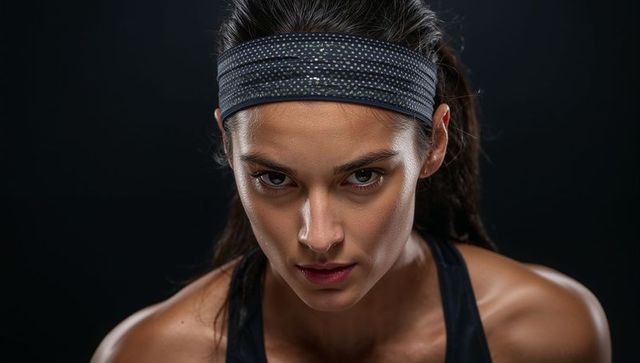 Focused female athlete showing sweat and fierce gaze, dotted headband, toned shoulders