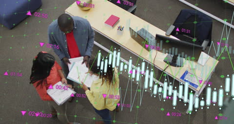 Diverse Team Discussing Reports with Data Overlay Chart Infographics