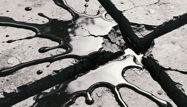Black tar pooling in cracked concrete slabs reflecting sky and foliage
