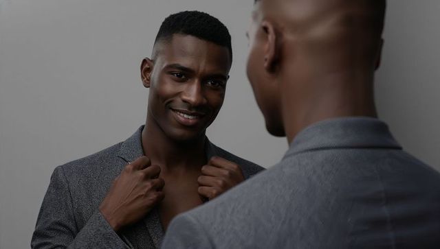 Confident black man adjusting grey blazer while checking mirror reflection portrait
