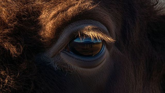 Bovine eye reflecting sunrise pasture and fence, macro detail of coarse brown fur and lashes