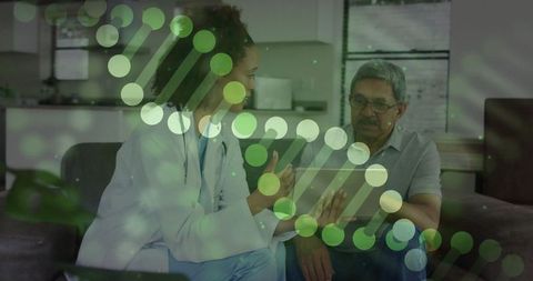 Doctor Consulting Senior Patient with DNA Overlay for Enhanced Health Insights