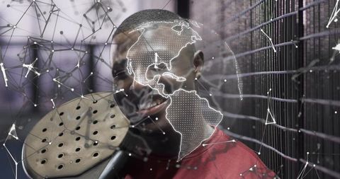 Futuristic urban portrait with holographic globe and network mesh conveying connectivity