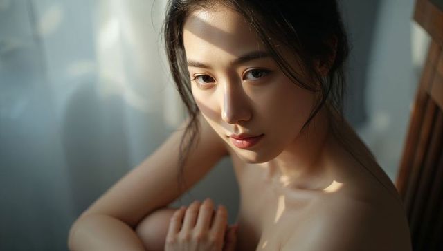 Sunlit intimate portrait of contemplative woman with bare shoulders near window