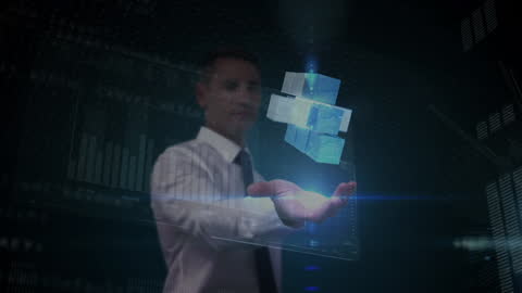 Businessman Engaging with Futuristic Virtual Cube Interface