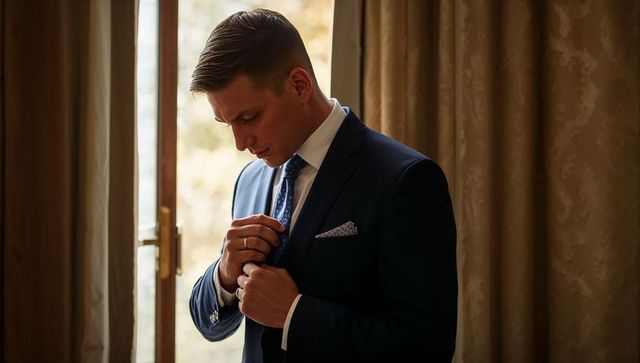 Man adjusting navy suit and patterned tie by window with elegant beige drapes