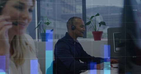 Customer Support Agent Typing While Viewing Analytics Dashboard with Bar Chart Overlay