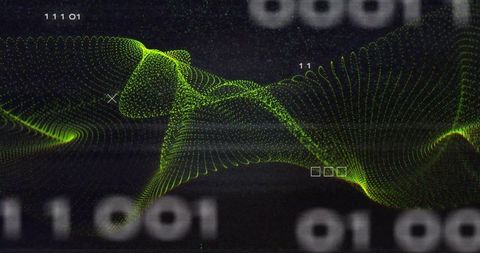 Undulating neon particle waveform moving across dark digital grid with binary hud