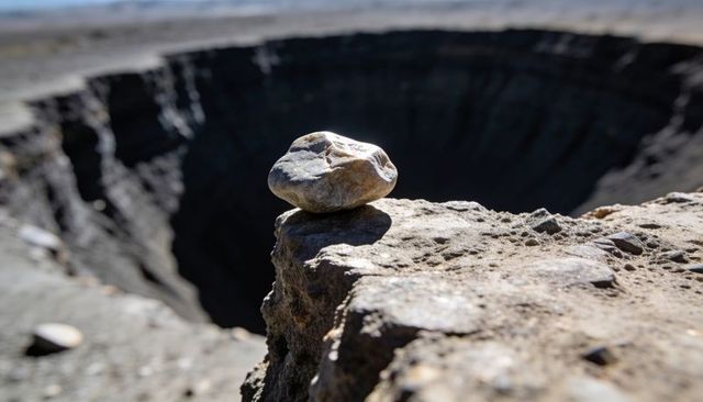 Balancing pebble resting on rock ledge over sunlit desert crater