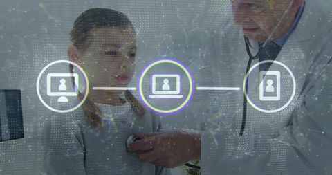 Doctor listening to child with stethoscope during telemedicine consultation network overlay