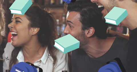 Friends Celebrating with Animation of Books and Bags