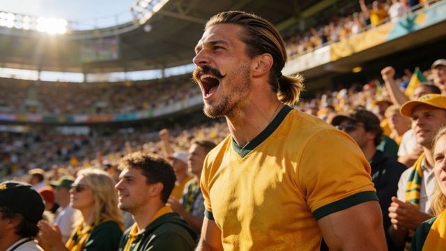 Male fan cheering and shouting in sunlit stadium wearing yellow green jersey during match
