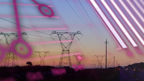 Financial Data Animation Over Power Lines at Sunset