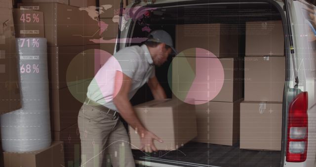 Delivery worker loading boxes into the back of a van with transparent graphics of logistical data overlaying the scene. Useful for content related to supply chain management, warehouse logistics, efficient delivery systems, and inventory tracking solutions.