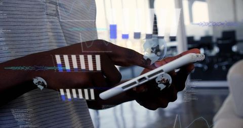 Business professional tapping tablet with augmented hud overlays showing analytics
