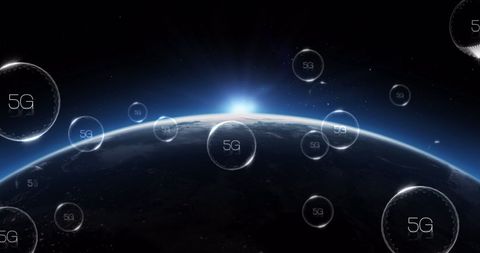 5G Technology Floating Icons on Sunrise Earth Horizon - Download Free Stock Images Pikwizard.com