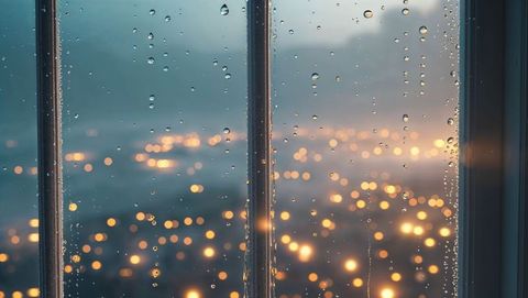 Raindrops on Window Glimpsing Blurred City Lights at Dusk