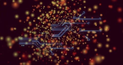 Neon blue circuit lines connecting nodes through warm bokeh particles for tech design