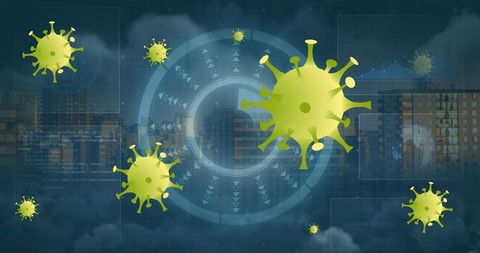 Digital virus visualization over futuristic cityscape