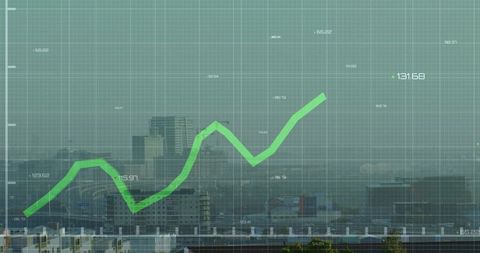 Rising green trend line over urban skyline grid overlay showing business analytics growth