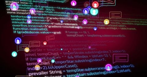 Displaying glowing code and floating avatar icons over neon network gradient backdrop