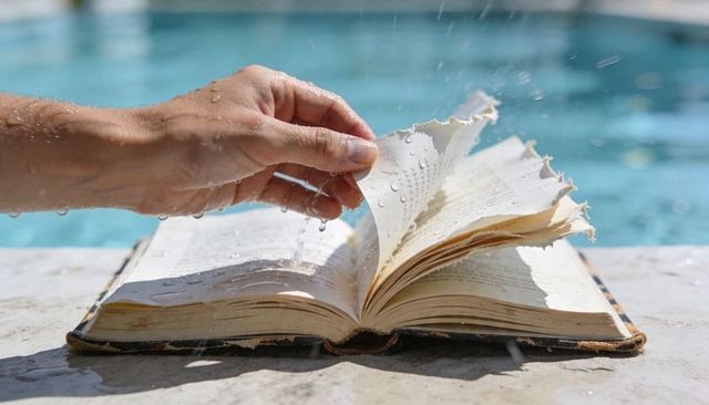 Hand turning wet book pages on pool edge, sunlit water droplets over turquoise water