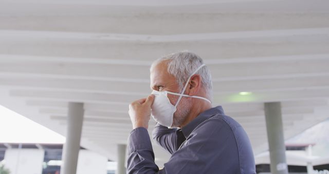 Older Man Adjusting Face Mask Outdoors - Download Free Stock Images Pikwizard.com