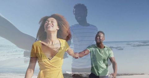 Joyful Couple Walking Along Sunny Beach Seashore Enjoying Leisure Time