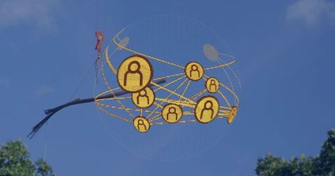 Lifting glowing network sphere with yellow user icons and worker checking cables above trees