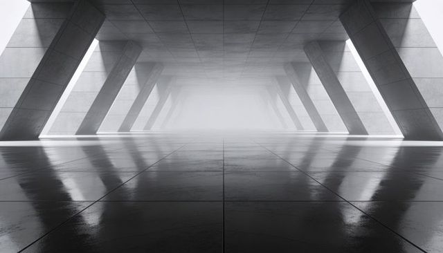 Receding concrete corridor with angled columns, mirrored floor reflecting fog