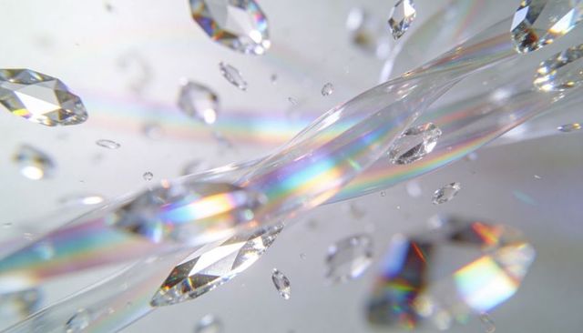 Twisting iridescent filament curving through prismatic droplets with rainbow spectrum