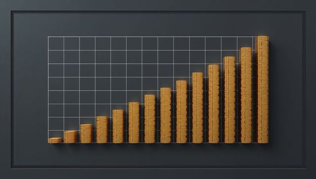 Rising gold coin bar chart on dark matte grid panel representing financial growth metrics